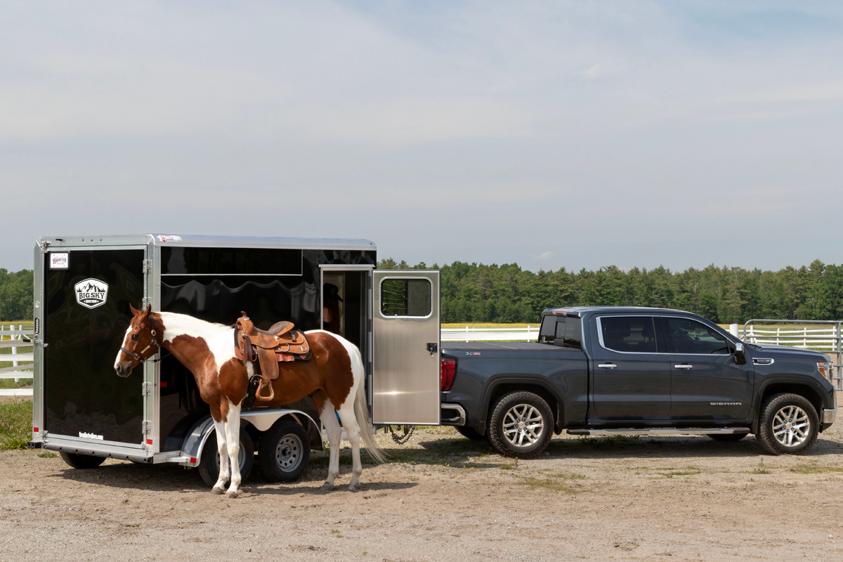 Horse In Front Of Black Truck Parked With Black Colt Big Sky Combo Slant Load Series