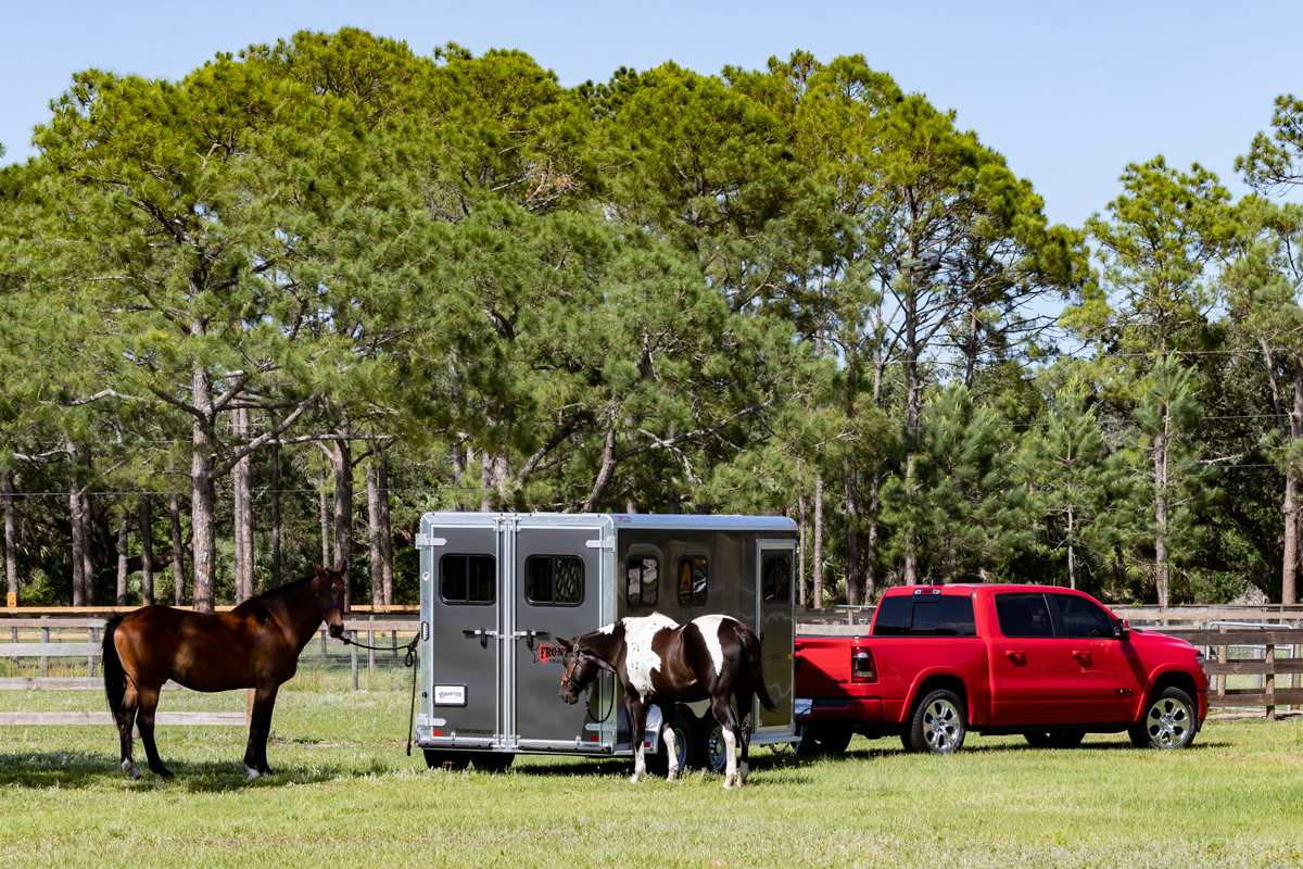 Strider Bumper Pull Slant Load Series 2H Red Truck Dark Grey Trailer With Horses